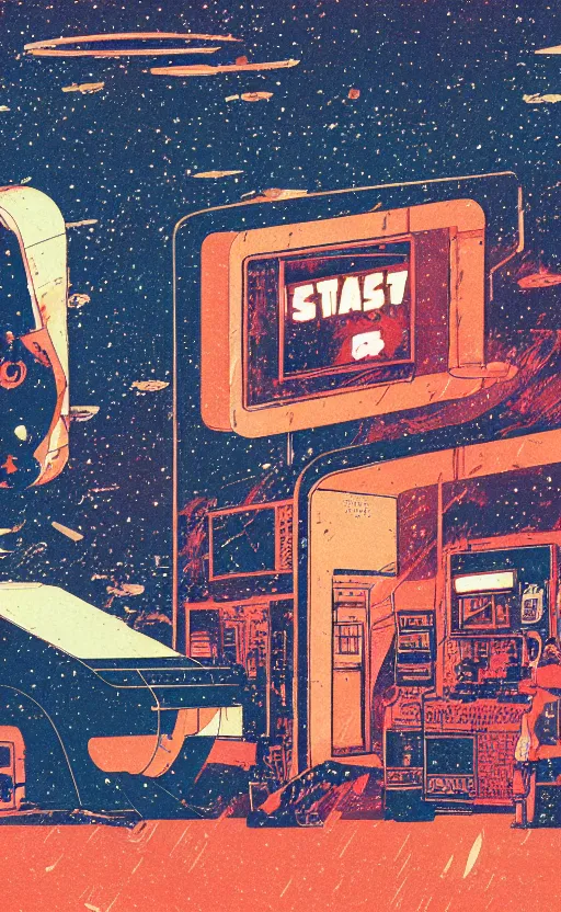 Image similar to spaceship in a gas station in space, sharp focus, satoshi kon, sci - fi, print, risograph, cinematic, game art