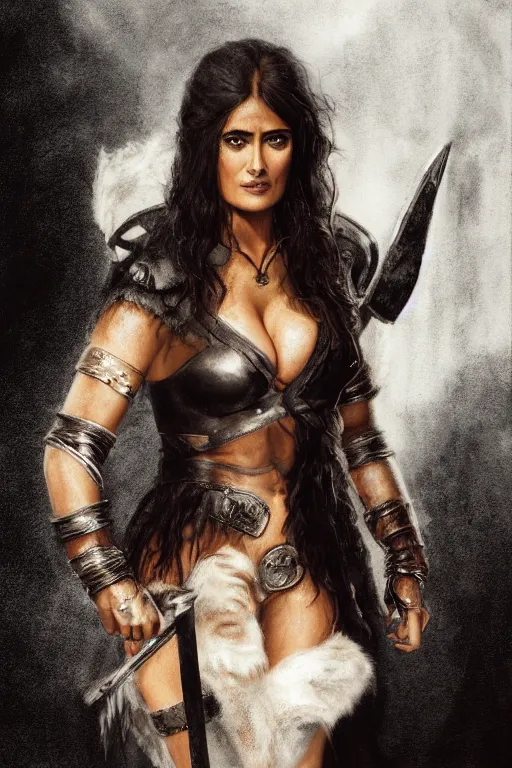 Prompt: portrait, Salma Hayek as a barbarian , dressed in torn white leather and high heeled boots , face portrait, raphael lacoste, eddie mendoza, alex ross, concept art, matte painting, highly detailed, rule of thirds, dynamic lighting, cinematic, detailed, denoised, centred