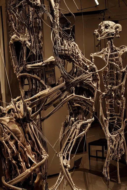 Image similar to inside a museum, a room where anatomical flesh body parts are piece of arts by Rob Bottin at night biomechanical, filth and grim, wires and strings, very detailed, ultra realistic photography, grainy image