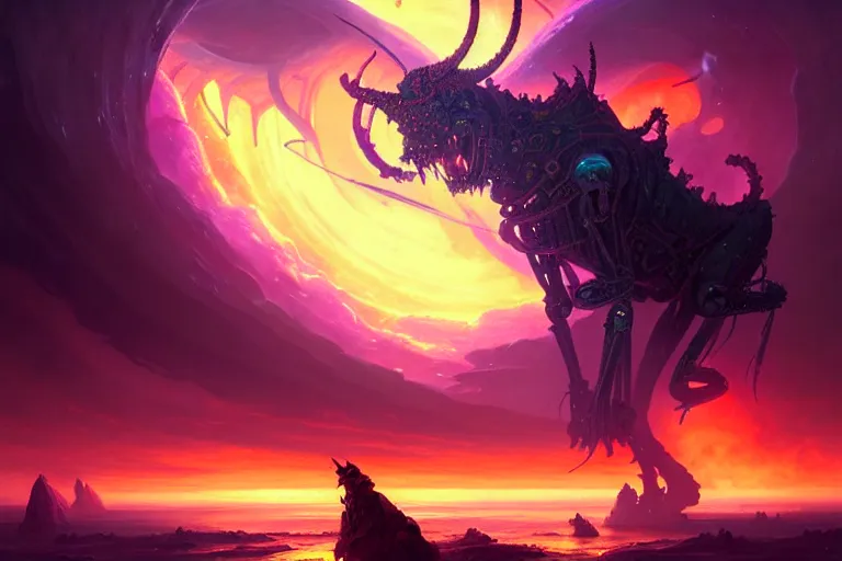 Prompt: epic pose of rebulon the ancient demon, by lisa frank and greg rutkowski, masterpiece concept art, 8 k, intricate detail, cinematic lighting, epic pose, deep colors, majestic view