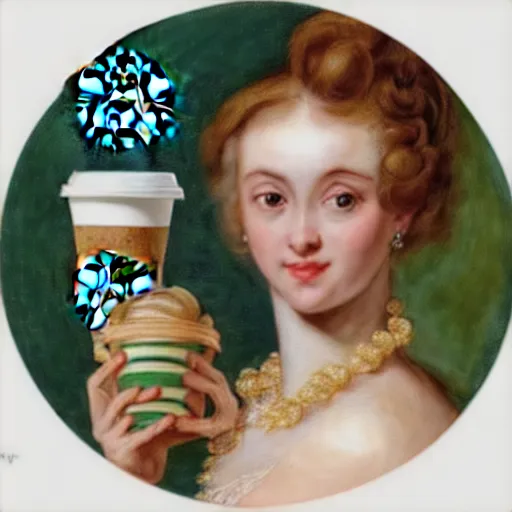 Image similar to eavenly summer sharp land sphere scallop well dressed lady holding a starbucks coffee, auslese, by peter paul rubens and eugene delacroix and karol bak, hyperrealism, digital illustration, fauvist, starbucks coffee, green coffee logo