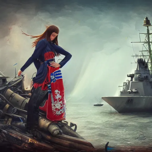 Image similar to ukrainian girls with ukrainian flag near big ruined warship, happy, concept art, trending on artstation, highly detailed, intricate, sharp focus, digital art, 8 k