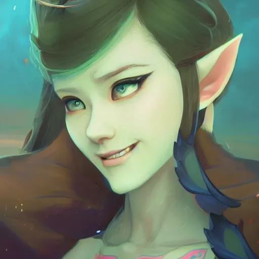 Image similar to a portrait of a cinematic still of the happy zelda, art by lois van baarle and loish and ross tran and rossdraws and sam yang and samdoesarts and artgerm and saruei and takaya imamura, digital art, highly detailed, intricate, sharp focus, trending on artstation hq, deviantart, unreal engine 5, 4 k uhd image