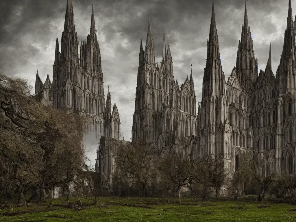 Image similar to Salisbury cathedral with a broken spire, post apocalyptic ruin, overgrown with vines, muted color, epic cinematography, dramatic lighting, fantasy art, trending on artstation