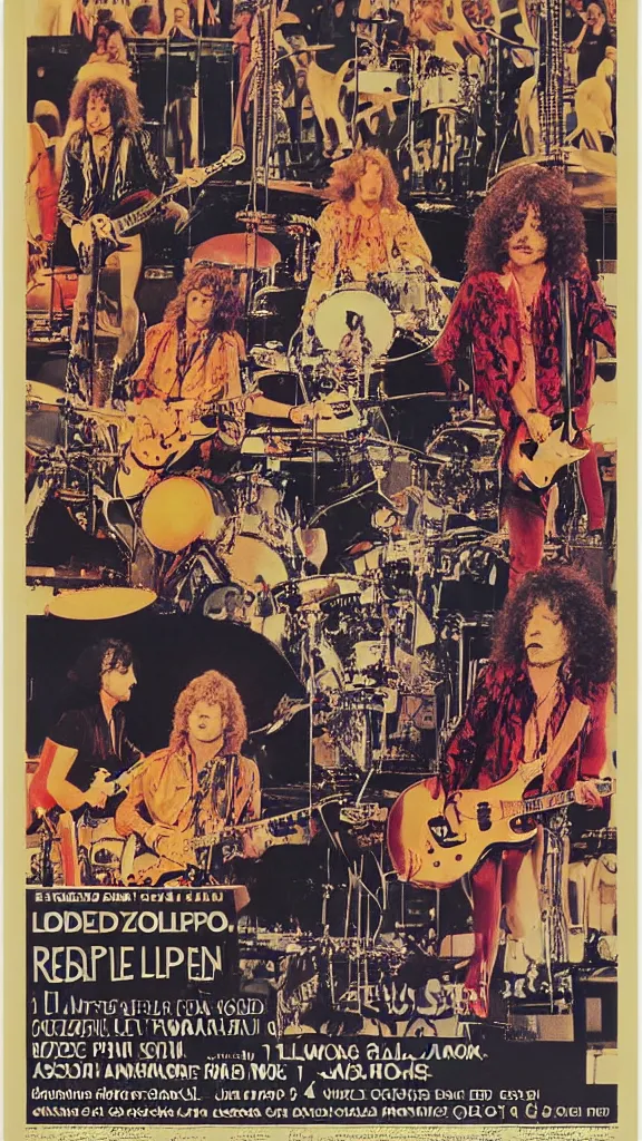 Image similar to Led Zeppelin concert poster circa 1974, Madison Square Garden, colorized, Robert plant, Jimmy Page, guitars, drum kit, minimalist