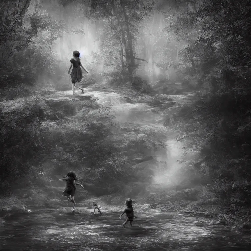 Image similar to an angel chasing a child through a creek in the woods, bad dream, hazy memory, volumetric, hyper realistic, octane render, dark black and white in the style of alvin schwartz, epic angles