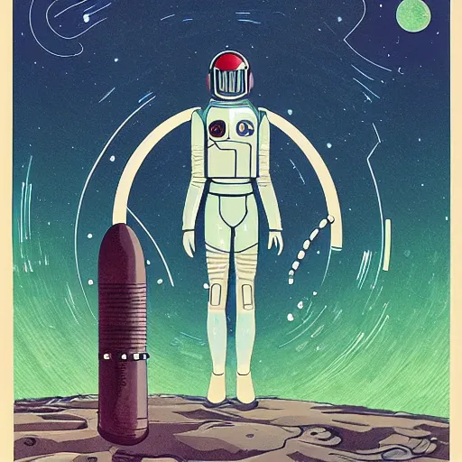 Image similar to a portrait of pilot android symbiotic in spacesuit on field forrest spaceship station landing laying lake artillery outer worlds in FANTASTIC PLANET La planète sauvage animation by René Laloux