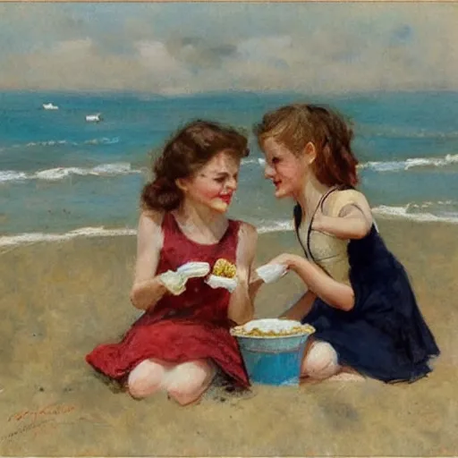 Prompt: (((((1950s girls eating popcorn at the beach . muted colors.))))) by Jean-Baptiste Monge !!!!!!!!!!!!!!!!!!!!!!!!!!!