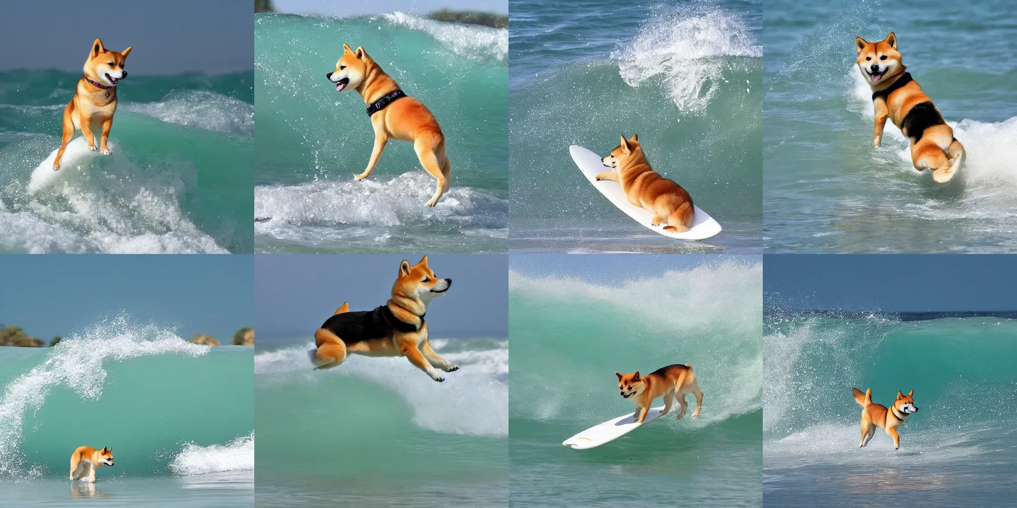 Prompt: a shiba inu surfing a giant wave, looking heckin cool and stylish