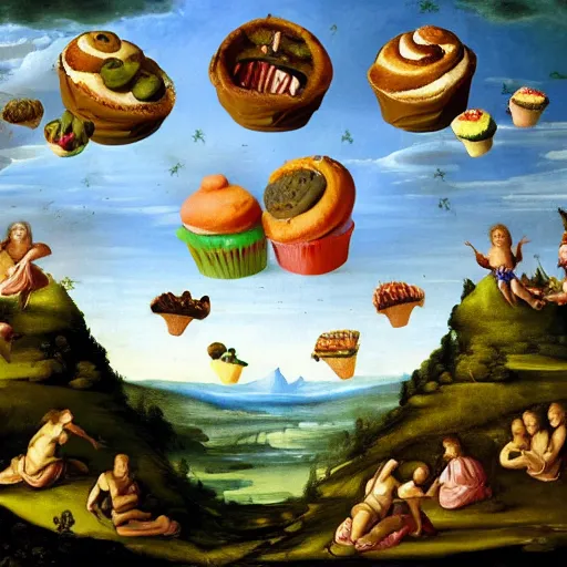 Image similar to renaissance painting flying cupcakes over landscape forest, green, five nights at freddies art style