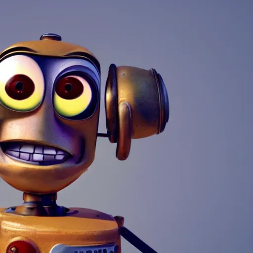 Image similar to figure of rusty bot on 3 wheels, smiling, lightbulbs as eyes, 3 d realistic, pixar esthetics, light tracing, 8 k