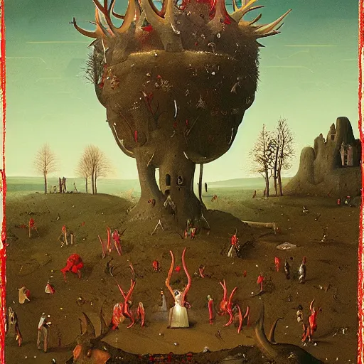 Image similar to the glory of the red antlers, by simon stalenhag in the style of hieronymus bosch