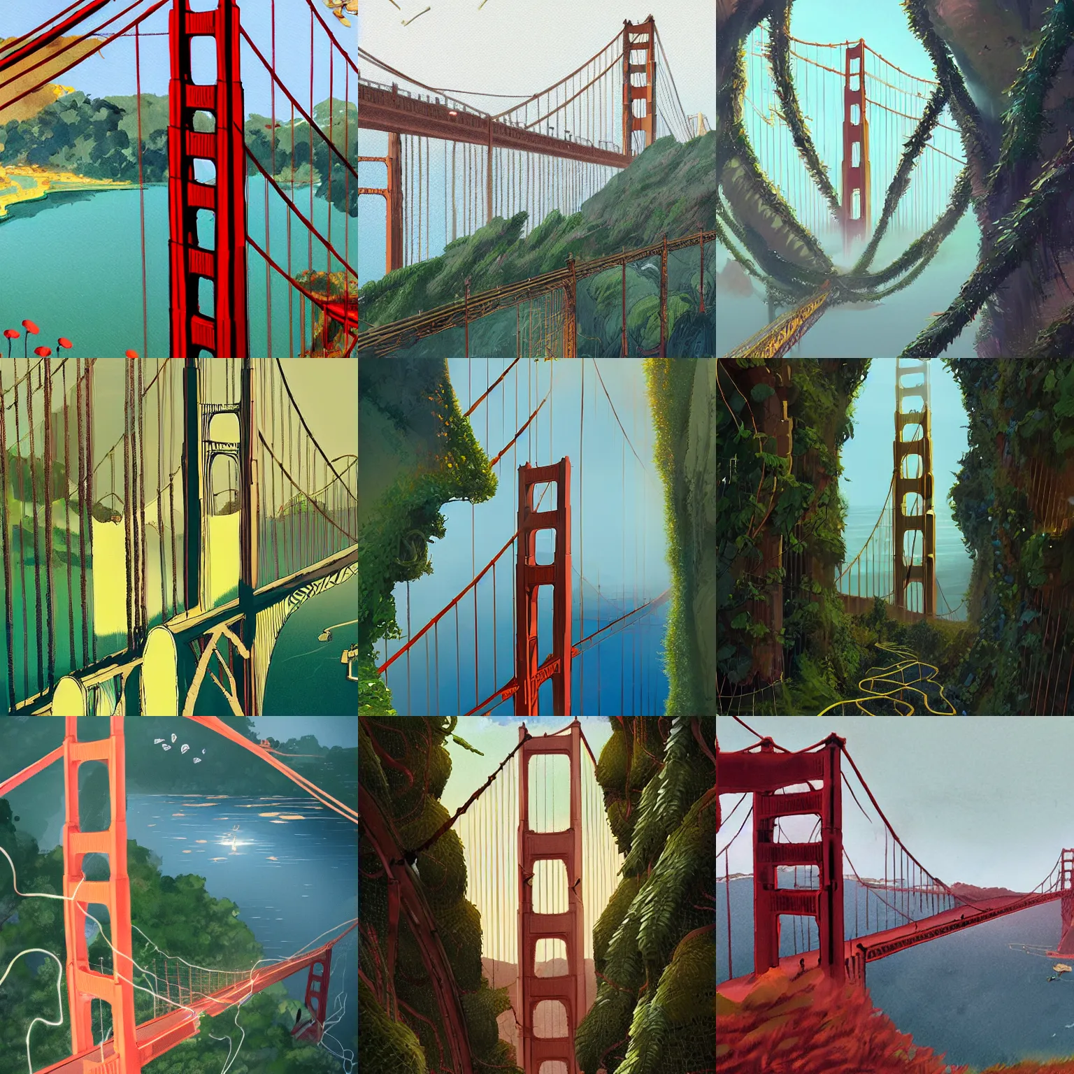 Prompt: Naturecore Golden Gate Bridge covered in vines by Studio Ghibli and Greg Rutkowski, artstation