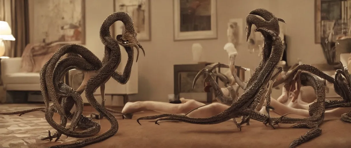 Image similar to an ocotopus waiting on the couch for the phychiatrist to come in, still from the movie her