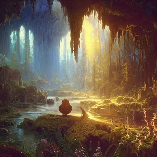 Prompt: beautiful painting, highly detailed, crystal lighting, mystical, hyperrealistic, 4 k, unreal engine, magical, by albert bierstadt, joe fenton, greg rutkowski, greg tocchini, kaws, kate beaton, and kaethe butcher