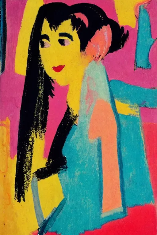 Prompt: girl in a summer dress, city morning, abstract, rich details, coarse paper, big strokes, colorful, Kirchner, Gaughan, Caulfield, Aoshima, Earle