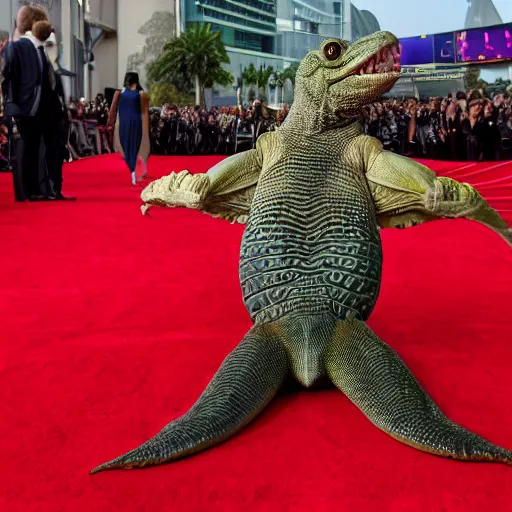 Image similar to Reptilian hollywood actor walking the red carpet, full body, 8k, Canon