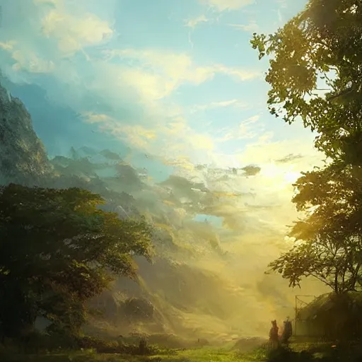 Prompt: landscape, volumetric lighting, dew, spring evening, clear weather, ( few clouds ), realistic illustration, golden hour, perfectly shaded, soft painting, art by krenz cushart and wenjun lin