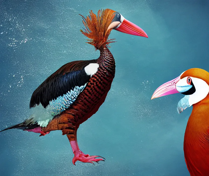 Image similar to a realistic photo of a semi - translucent bird water creature in action, feathers exotic morphing hoopoe, pheasant merged sky animal, atlantic puffin, turaco morphing chicken, water sea lake underwater, clear, global illumination, refraction, king vulture head, displacement map, bump map, normal map