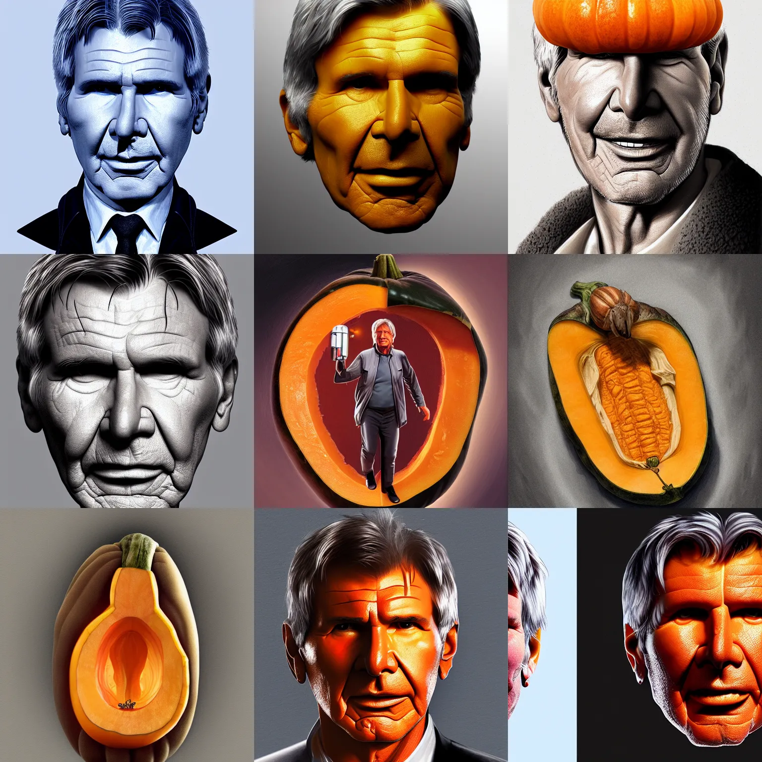 Prompt: harrison ford is fused into butternut squash, hyperdetailed, artstation, cgsociety, 8 k