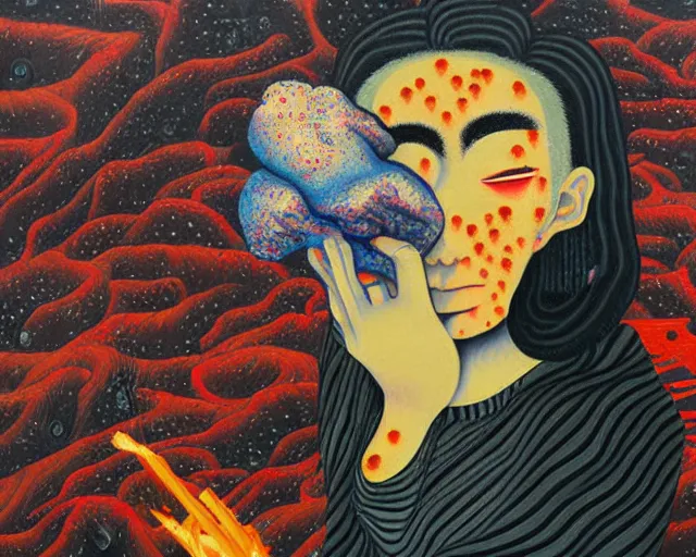 Image similar to a surreal, dense, vivid painting by otake chikuha depicting nihilism, depression, and transcendence