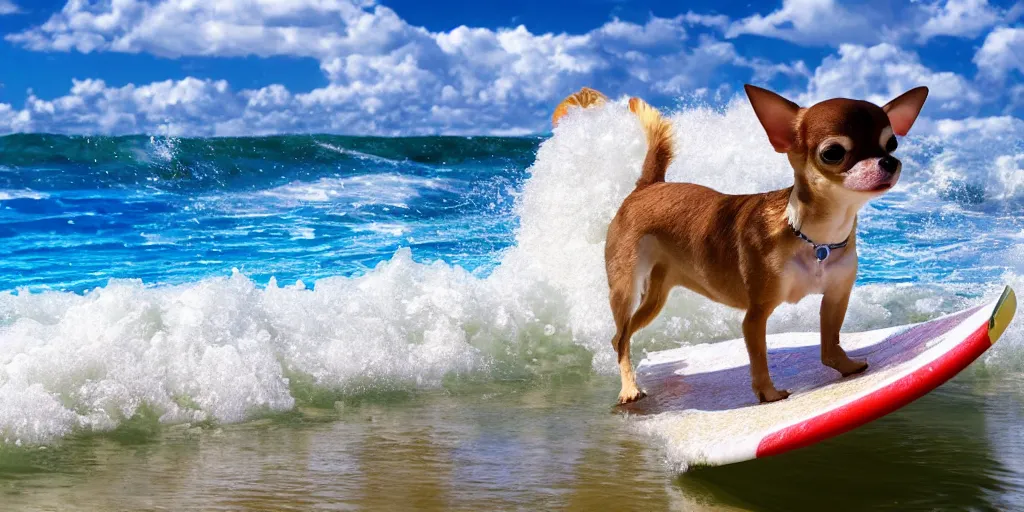 Image similar to chihuahua surfing tropical background waves focus photography 4k hyper realism surreal sunny beach