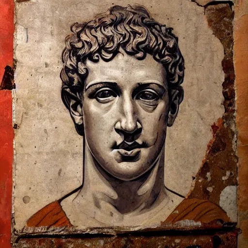 Image similar to photo of an ancient roman fresco on a wall in an ancient roman villa : mark zuckerberg as a roman noble senator. dressed in a white toga. serious facial expression. detailed, intricate artwork. faded shadows
