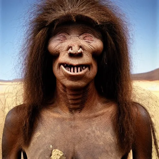 Image similar to “ Full body portrait of a primitive pre-human woman Neanderthal looking deeply to the camera, blue eyes, smiling, anthropology photography, color kodakcrhome 64,National Geographic ”