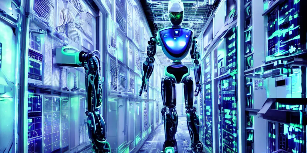 Prompt: futuristic robot in data center server palace high details shot cyberpunk retrowave shot from michael bay movie
