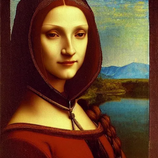 Image similar to portrait of a beautiful woman at a lake, oil painting by Da Vinci