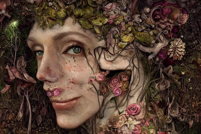 Image similar to beautiful and detailed rotten woman corpse with fractal plants and fractal flowers and mushrooms growing around, face muscles, veins, arteries, intricate, ornate, surreal, ray caesar, john constable, guy denning, dan hillier