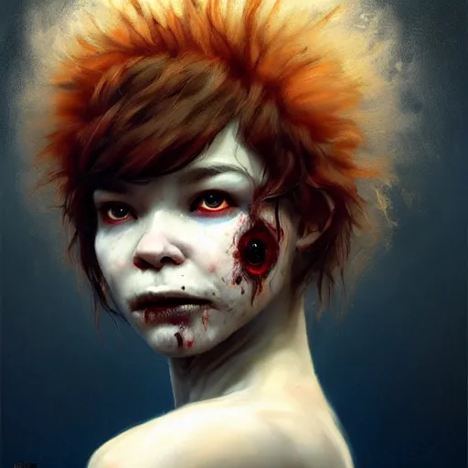 Prompt: head portrait of fresh faced young bjork as a zombie with large fluffy back - combed hair, 7 days to die zombie, gritty background, fine art, award winning, intricate, elegant, sharp focus, cinematic lighting, digital painting, 8 k concept art, art by michael hussar, art by brom, art by guweiz and z. w. gu, 8 k