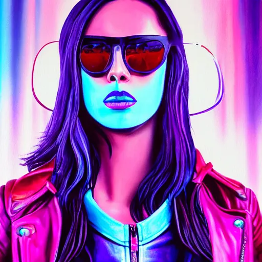 Prompt: closeup painting of a very beautiful young mexican cyberpunk woman with light blue shutter shades, purple leather jacket, synthwave