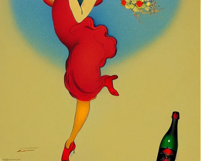 Prompt: dancer, melchizedek champagne bottle. leonetto cappiello, pur champagne damery, 1 9 0 2. cheerful, bright