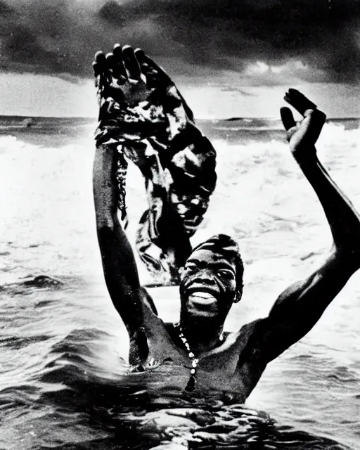 Prompt: Fela Kuti emerging from deep ocean waves, under a stormy sky, c1976, photography by Annie Liebowitz