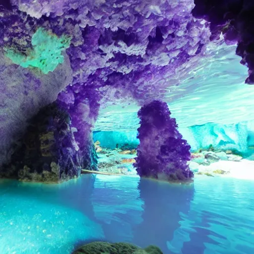 Image similar to photo inside an amethyst cave with a hot spring and coral reef