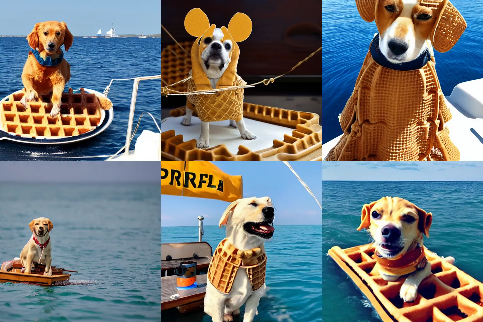 Prompt: a dog made of waffles sailing at sea