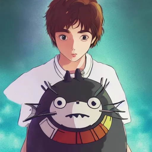 Prompt: teenager boy with Fragile looking beautiful portrait face with a small friendly creature made by Studio Ghibli highly detailed art, beautiful scene, sharp focus, smooth, 8k, anime art, nostalgic