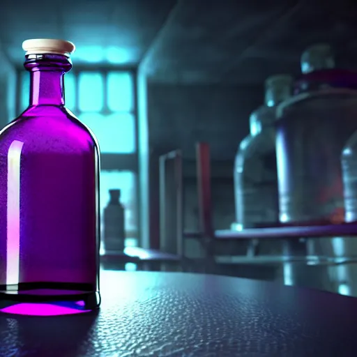 Image similar to hyper realistic poison bottle, purple liquid inside. background is an ancient laboratory. dnd style, ultra detailed, trending on artstation, concept art, octane render, unreal engine 5, 8 k rendering.