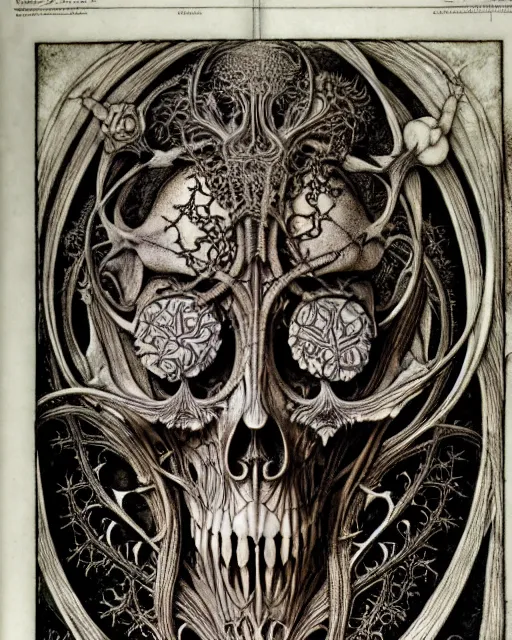 Image similar to memento mori by arthur rackham, art forms of nature by ernst haeckel, exquisitely detailed, art nouveau, gothic, ornately carved beautiful skull dominant, intricately carved antique bone, art nouveau botanicals, ornamental bone carvings, art forms of nature by ernst haeckel, horizontal symmetry, arthur rackham, ernst haeckel