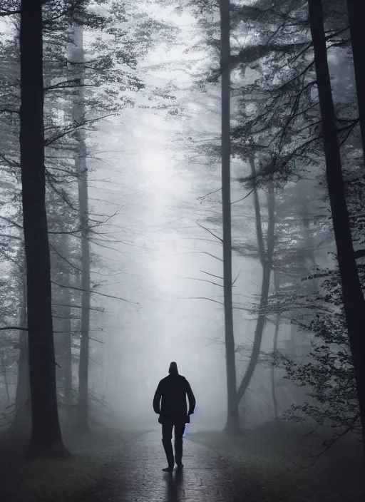 Image similar to a man walks towards the light in a dark forest, fog, rain, volumetric lighting, beautiful, mystique, golden hour, sharp focus, ultra detailed, jan urschel, dylan cole, marthe jonkers, james paick, thierry doizon, kai carpenter, ignacio fernandez rios, noir art house, 4 k, 3 5 mm, fujifilm