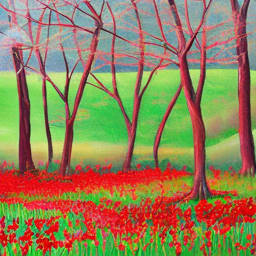 Prompt: a grass field sparsely littered with trees and red flowers, painting