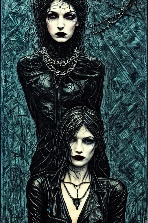 Prompt: dreamy gothic girl, black leather slim clothes, chain on her neck, beautiful body, detailed acrylic, grunge, intricate complexity, by dan mumford and by alberto giacometti, peter lindbergh
