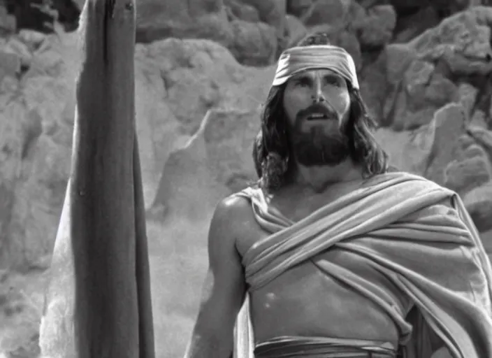 Image similar to film still of Christian Bale as Moses in The Ten Commandments 1956