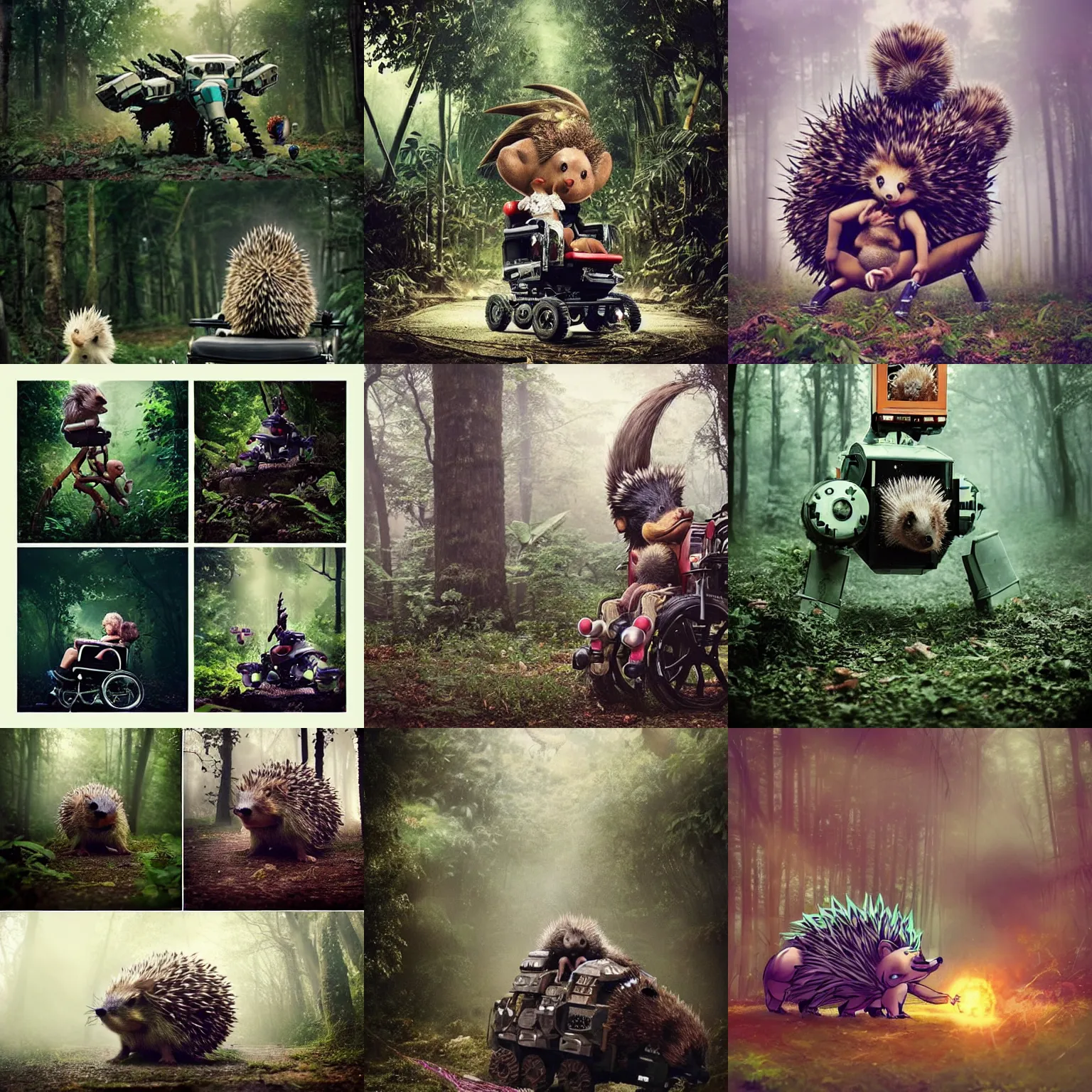 Prompt: asthetic! epic pose!!! giant oversized battle hedgehog robot wacky chubby mech smoking sport wheelchair! double decker with giant oversized hair and hedgehog babies ,in deep jungle forest , full body , Cinematic focus, Polaroid photo, vintage , neutral dull colors, soft lights, foggy mist , by oleg oprisco , by thomas peschak, by discovery channel, by victor enrich , by gregory crewdson