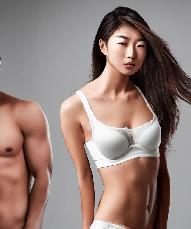 Image similar to portrait of asian man with victoria's secret female white model's head, realistic, 4 k