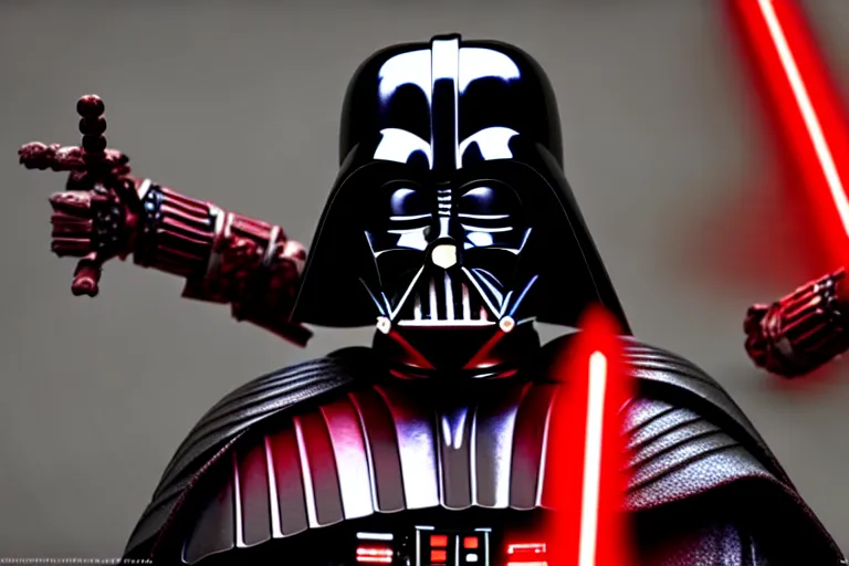 Image similar to darth vader as a battle - hardened samurai demon warlord with sinister kabuto and terrifying men - yoroi mask, with armor intricately engraved with glowing red ancient rune symbols, and adorned with demon skulls, by ayami kojima, unreal engine 5, octane render, 3 d