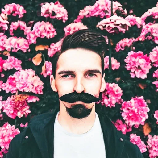 Image similar to photo portrait of a man with a moustache no beard standing in front of flowers, tumblr contest winner, aestheticism, masculine, aesthetic