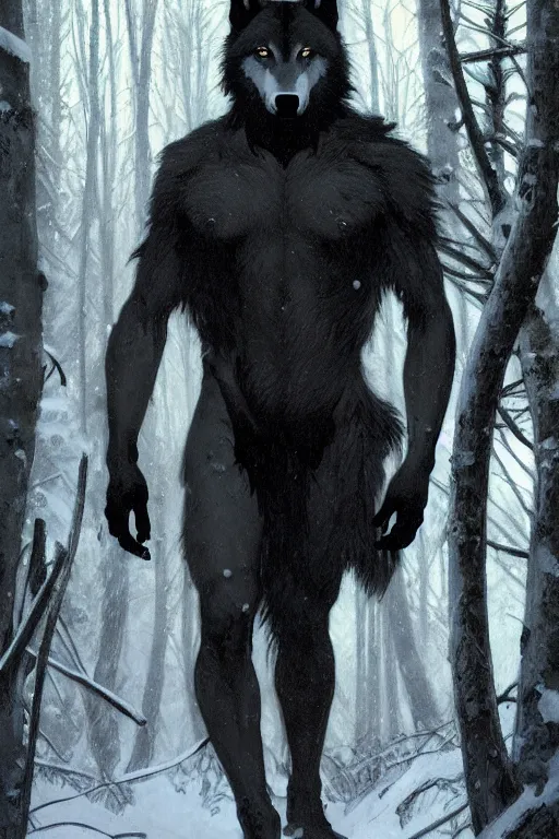 Image similar to full figure beautiful young fit antrophomorphic male wolf, bared teeth and long claws, dark scene, by greg rutkowski and alphonse mucha, d & d character, gradient black to silver, in a snow covered forest at night, highly detailed portrait, digital painting, artstation, concept art, smooth, sharp focus illustration, artstation hq