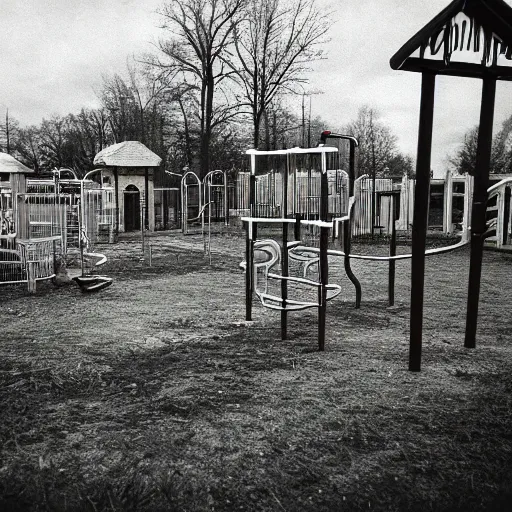 Image similar to an eerie photo of an abandoned children's playground from the 1 9 9 0 s at night, disposable film